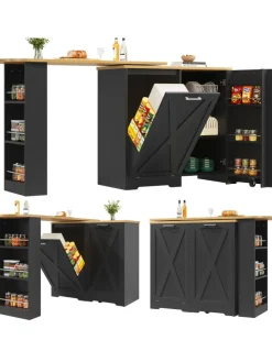 360° Drehbare Essbar Sideboardschrank mit seitlichen Ablagen und Klapptür