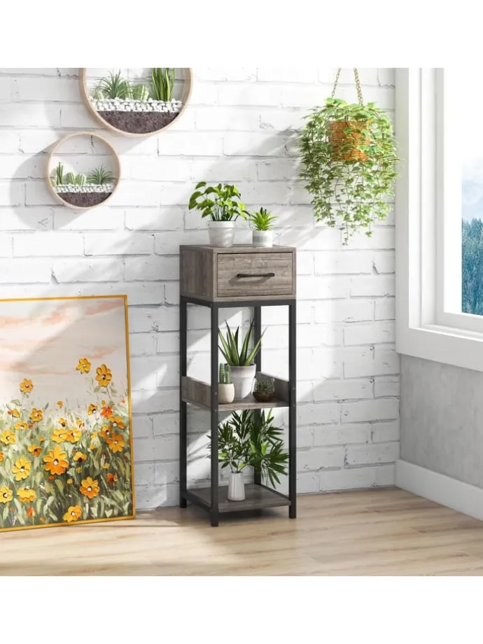 3 Etagen Pflanzenständer mit Schublade in Grau