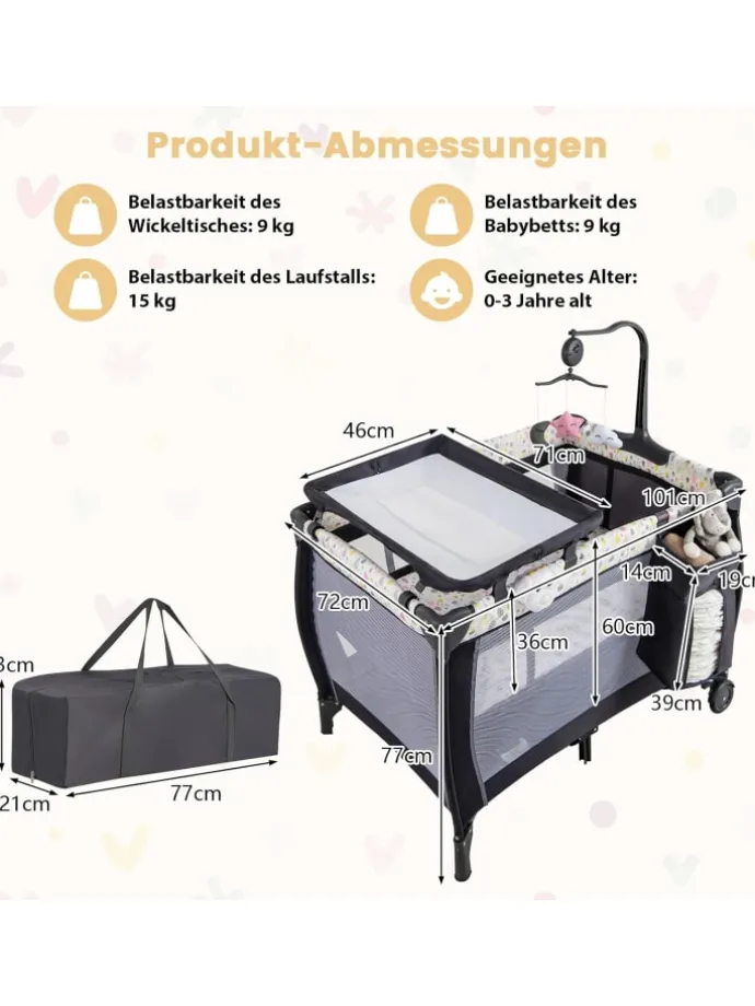 3 in 1 Beistellbett klappbar in Bunt