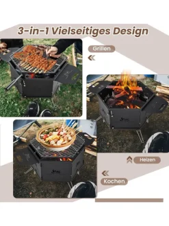 2 in 1 Holzkohlegrill Feuerstelle 77x74x38cm in Schwarz