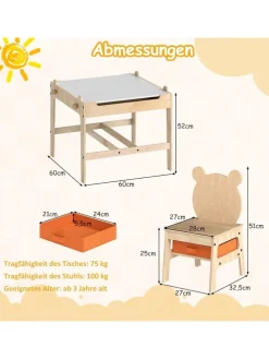 4 in 1 Kindertisch mit 2 Stühlen in Hellbraun