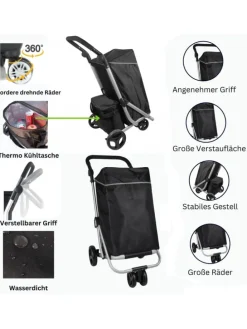 48 L Einkaufswagen + 12 L Kühltasche Einkauf Trolley Trolley in Schwarz
