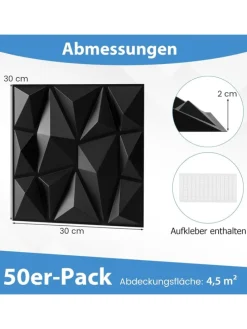 50 Stück 3D Wandpaneele Diamant 30x30cm in Schwarz