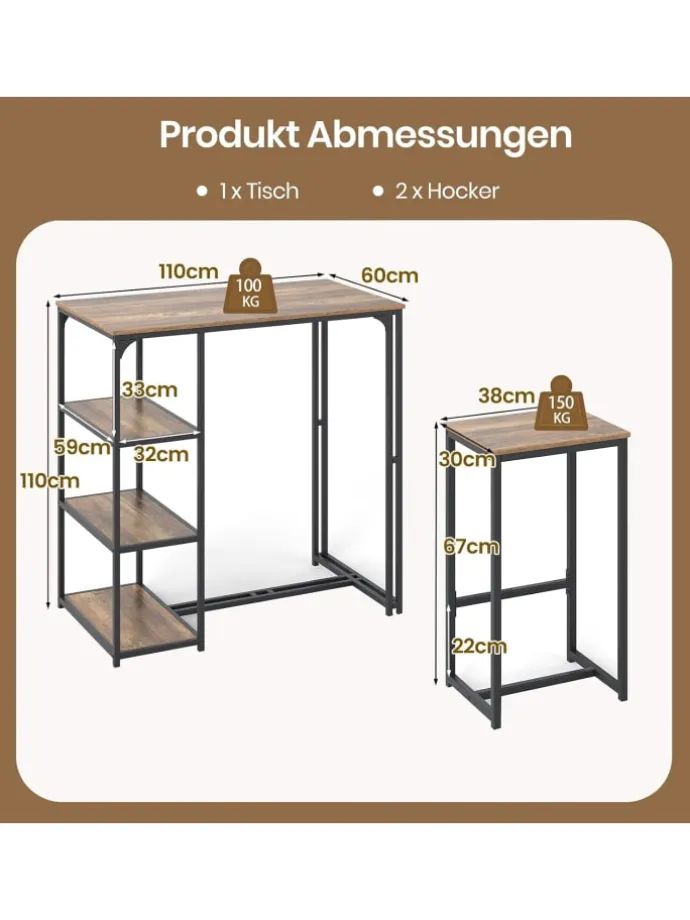 3 tlg. Bartisch mit Barhocker Set in Braun