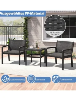 3 tlg. Rattan Gartenmöbel Set in Schwarz