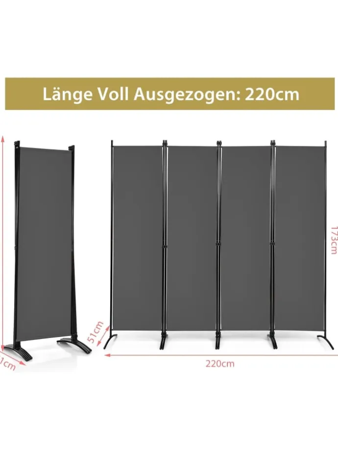 4 tlg. Raumteiler 173cm in Grau