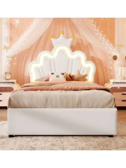 90 x 200 cm Einzelbetten Polsterbett mit LED, Verstellbares Kopfteil, Weiß