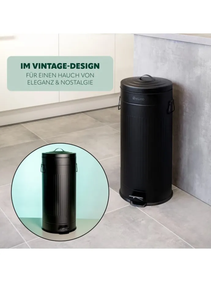 Abfalleimer VINTAGE, Treteimer, 30 Liter Fassungsvermögen aus schwarzem Metall