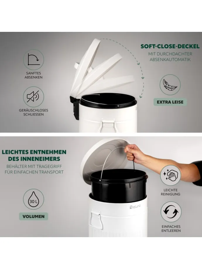 Abfalleimer VINTAGE, Treteimer, 30 Liter Fassungsvermögen aus weißem Metall