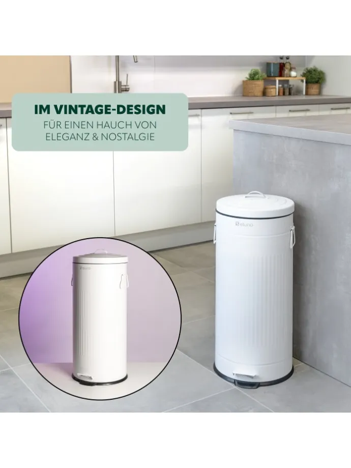 Abfalleimer VINTAGE, Treteimer, 30 Liter Fassungsvermögen aus weißem Metall