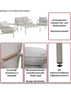 Aluminium-Gartengarnitur O11, Hellgrün Polster beige