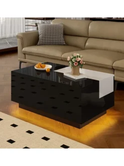 Ausziehbarer Couchtisch mit LED einstellbarem Lichtband und Stauraum, Schwarz