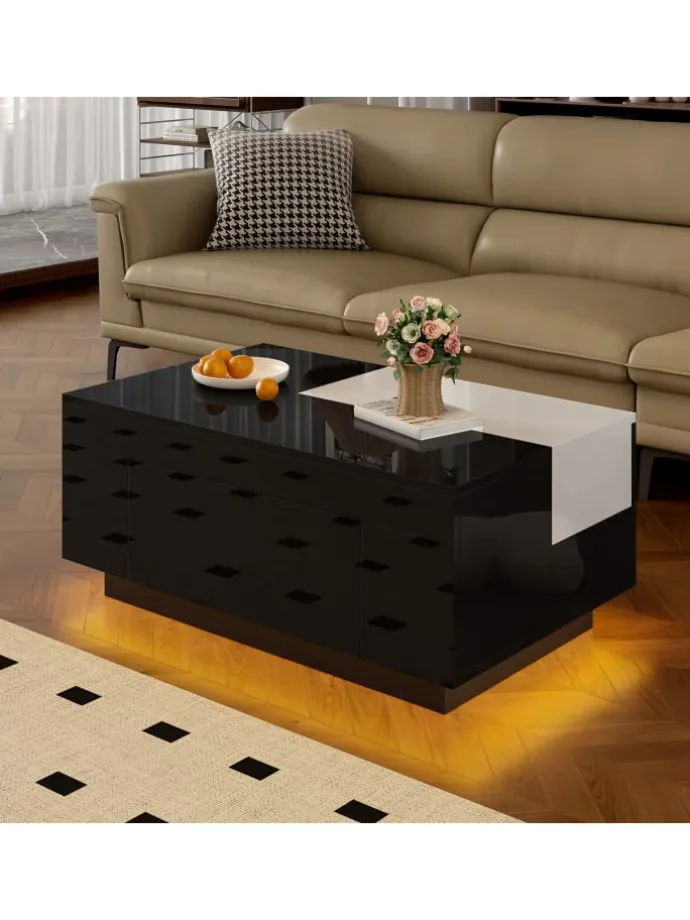 Ausziehbarer Couchtisch mit LED einstellbarem Lichtband und Stauraum, Schwarz