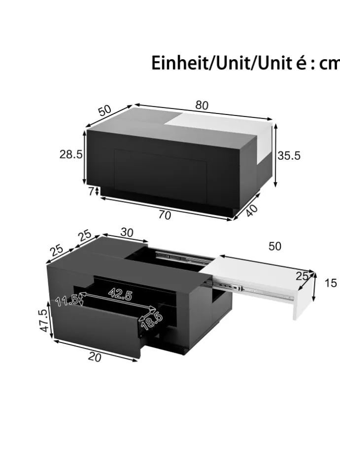 Ausziehbarer Couchtisch mit LED einstellbarem Lichtband und Stauraum, Schwarz