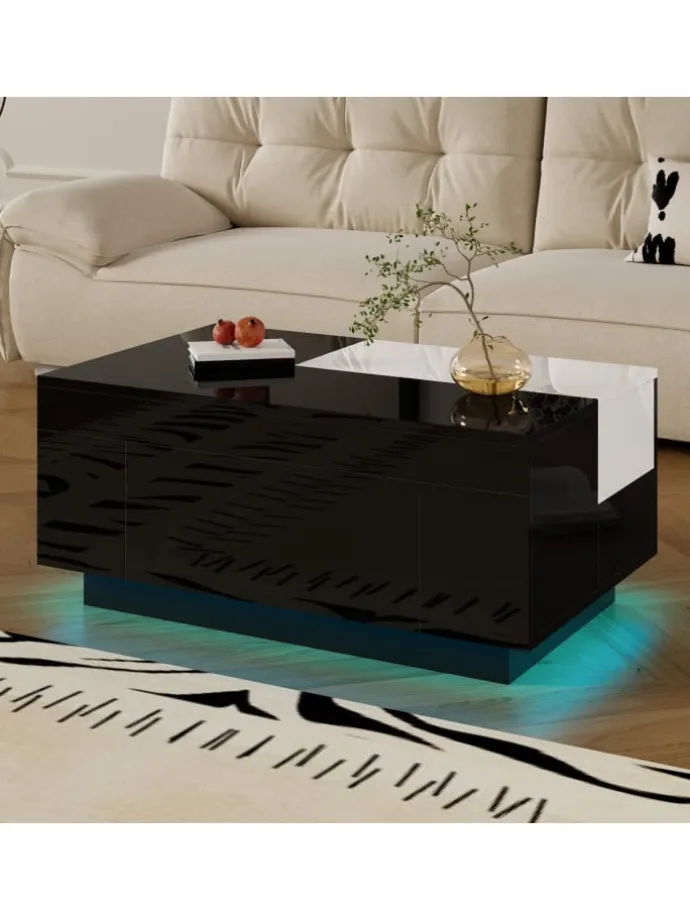 Ausziehbarer Couchtisch mit LED einstellbarem Lichtband und Stauraum, Schwarz