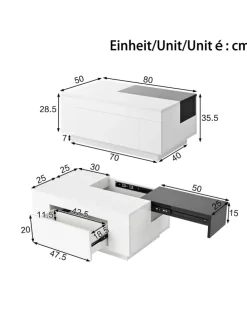 Ausziehbarer Couchtisch mit LED einstellbarem Lichtband und Stauraum, Weiß