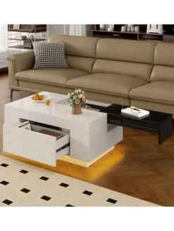 Ausziehbarer Couchtisch mit LED einstellbarem Lichtband und Stauraum, Weiß