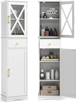 Badezimmerschrank 168 cm platzsparend schmal in Weiß