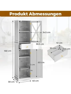 Badezimmerschrank 168 cm platzsparend schmal in Weiß