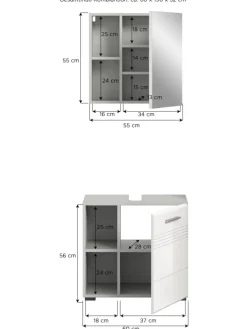 Badkombination in hellgrau/weiß hochglanz - (B) 60 x (H) 190 x (T) 32