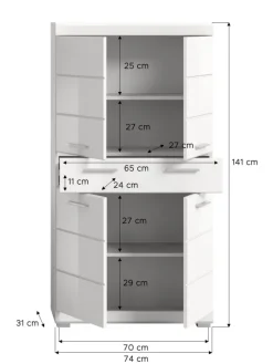 Badmidischrank in weiß/weiß hochglanz - (B) 74 x (H) 141 x (T) 31