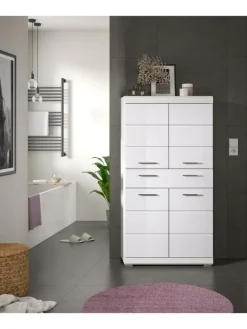 Badmidischrank in weiß/weiß hochglanz - (B) 74 x (H) 141 x (T) 31