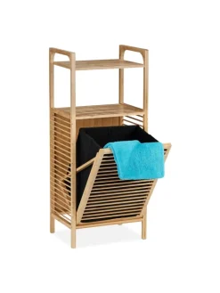 Badregal mit Wäschekorb in Natur/ Schwarz - (B)40 x (H)95 x (T)30 cm