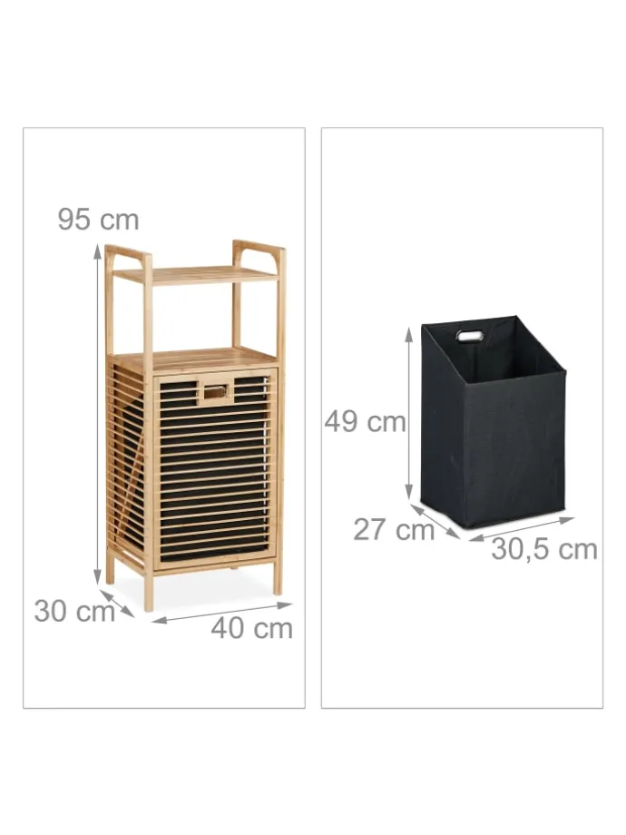 Badregal mit Wäschekorb in Natur/ Schwarz - (B)40 x (H)95 x (T)30 cm