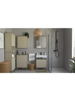 Badschrank MORENA mit 4 Türen und 2 offenen Fächern, Cashmere/Eiche