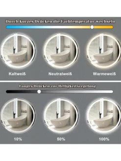 Badspiegel mit Beleuchtung in nickel rund Ø50cm Dimmbar mit Touch-Schalter