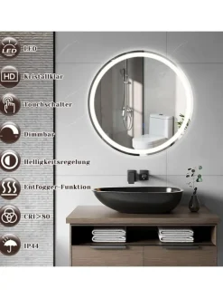 Badspiegel mit Beleuchtung in nickel rund Ø50cm Dimmbar mit Touch-Schalter