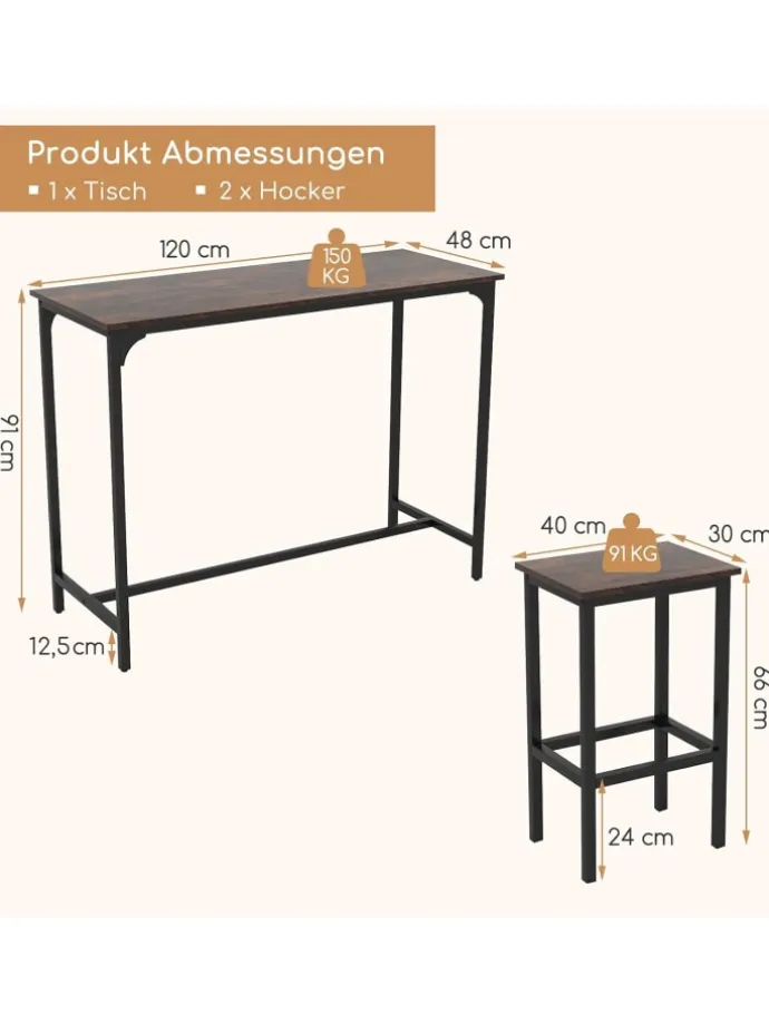 Bartisch mit Barhocker Set in Braun