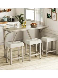 Bartisch Set Massivholz mit 3er Set Barhocker in Beige