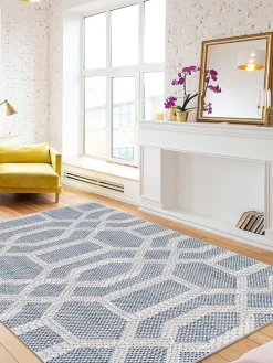 Baumwoll-Teppich in Beige/ Blau