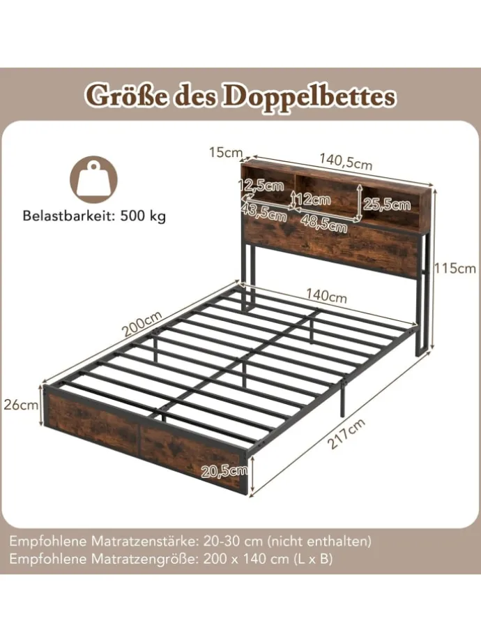 Bett mit Ladestation in Braun