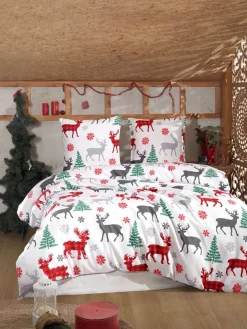 Bettwäsche-Set in Weiß/ Rot/ Grün