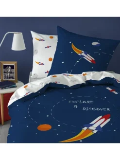 Bettwäsche-Set "Weltall, Rakete, Planeten" in Dunkelblau