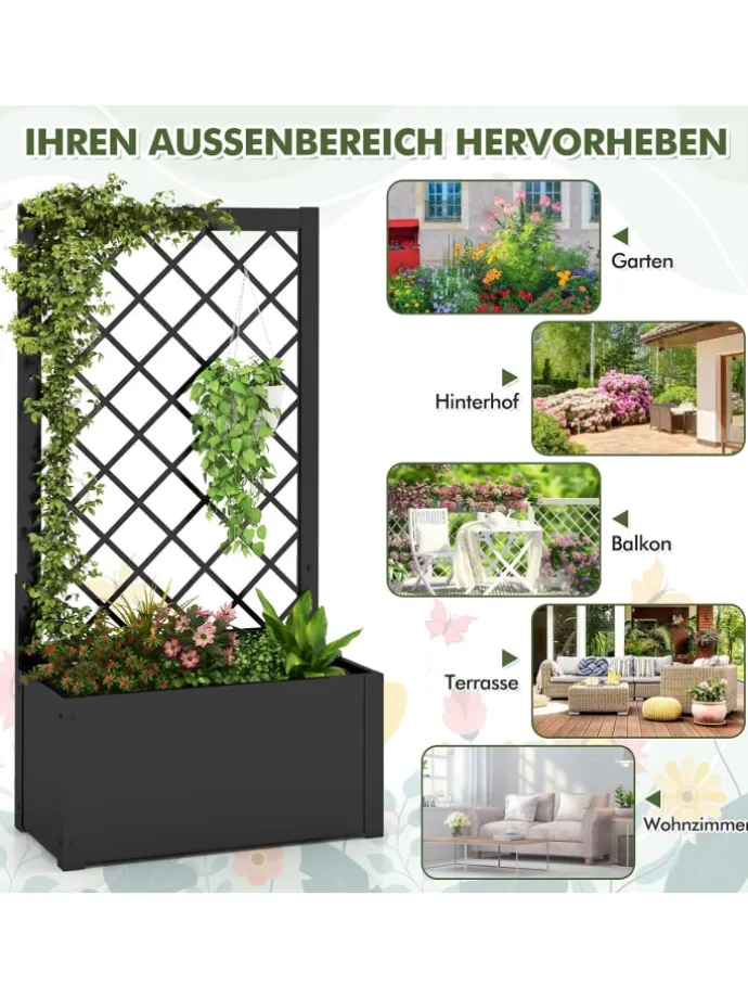 Blumenkasten mit Rankgitter 63 x 31 x 112 cm in Schwarz
