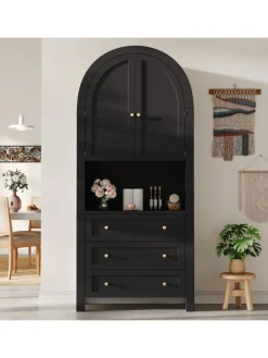 Bogenschrank in Schwarz mit Schubladen Türen und offenem Regal Hoch