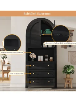 Bogenschrank in Schwarz mit Schubladen Türen und offenem Regal Hoch