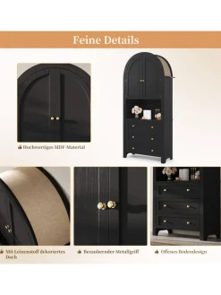 Bogenschrank in Schwarz mit Schubladen Türen und offenem Regal Hoch