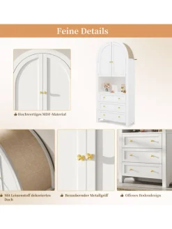 Bogenschrank in Weiß mit Schubladen Türen und offenem Regal Hoch