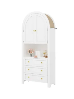 Bogenschrank in Weiß mit Schubladen Türen und offenem Regal Hoch