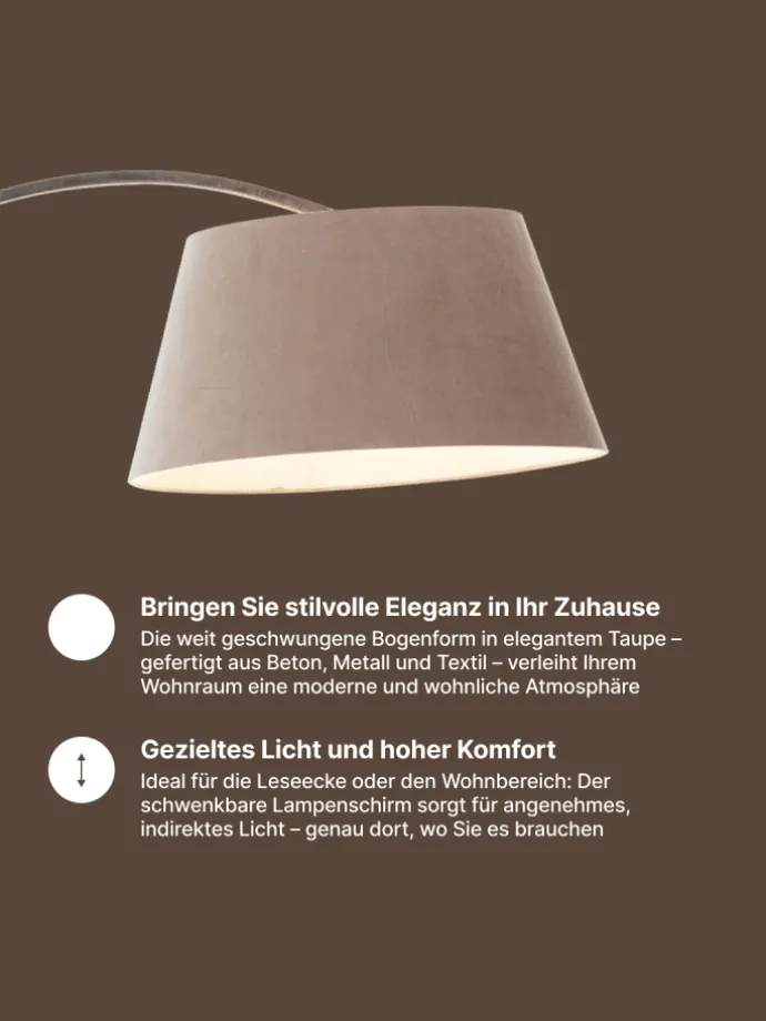 Brok Bogenlampe, 2 m, Taupe/Grau, E27, schwenkbar, Fußschalter, modern
