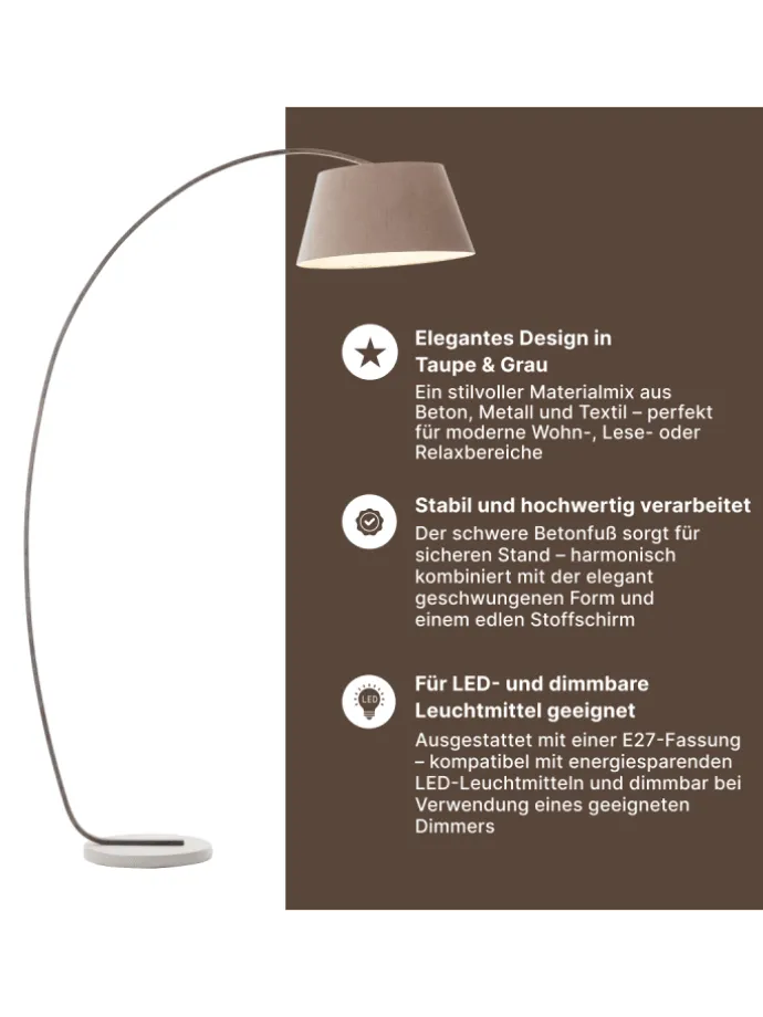 Brok Bogenlampe, 2 m, Taupe/Grau, E27, schwenkbar, Fußschalter, modern