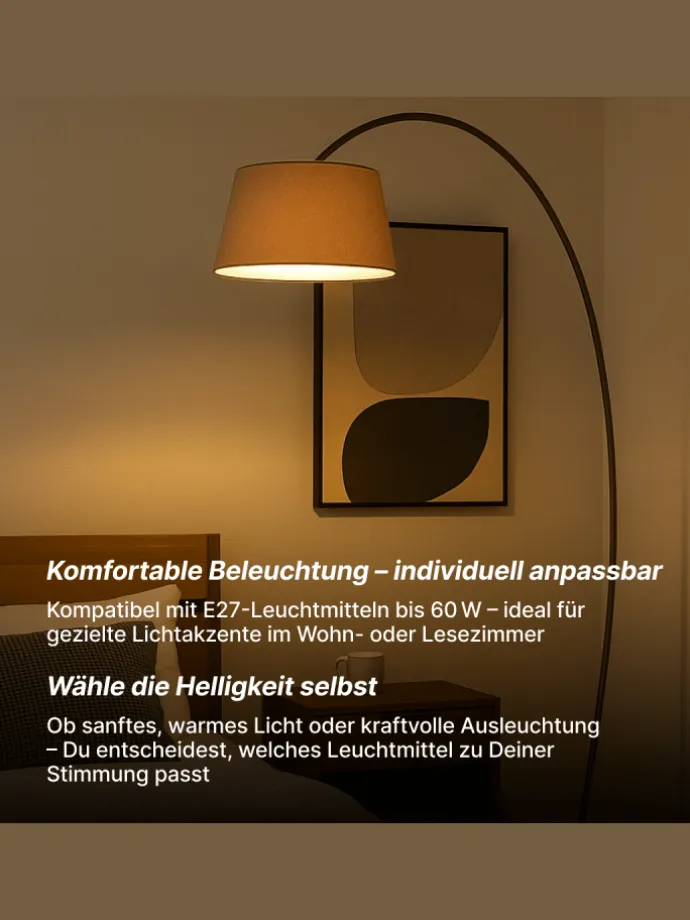 Brok Bogenlampe, 2 m, Taupe/Grau, E27, schwenkbar, Fußschalter, modern