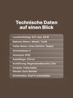 Brok Bogenlampe, 2 m, Taupe/Grau, E27, schwenkbar, Fußschalter, modern