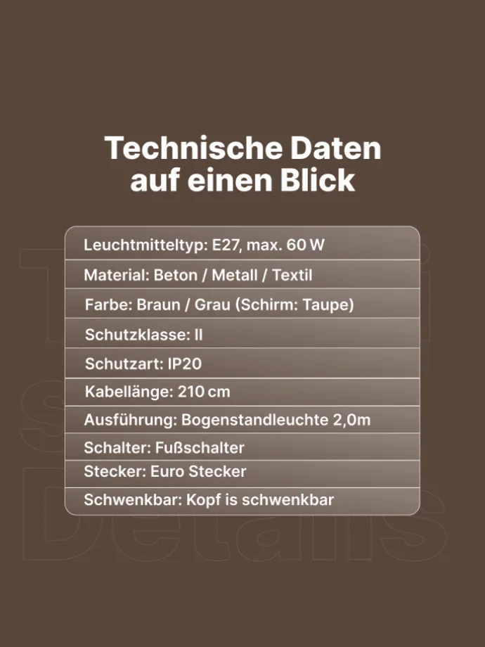Brok Bogenlampe, 2 m, Taupe/Grau, E27, schwenkbar, Fußschalter, modern