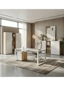 Büro-Set 2 Schränke & Regal, 240cm breit, Glasfront in Chalet-Eiche-Nb.-Weiß