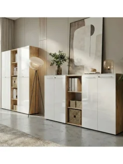 Büro-Set 2 Schränke & Regal, 240cm breit, Glasfront in Chalet-Eiche-Nb.-Weiß